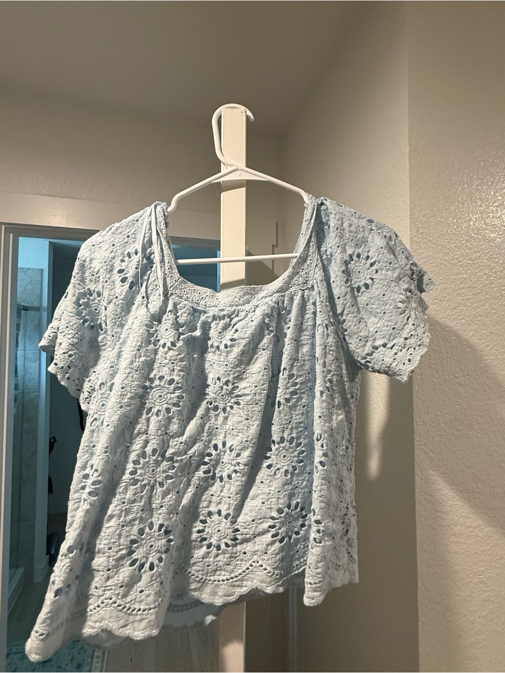 Light Blue Eyelet Short-Sleeve Women's Top Skirt set - Picture 2 of 5